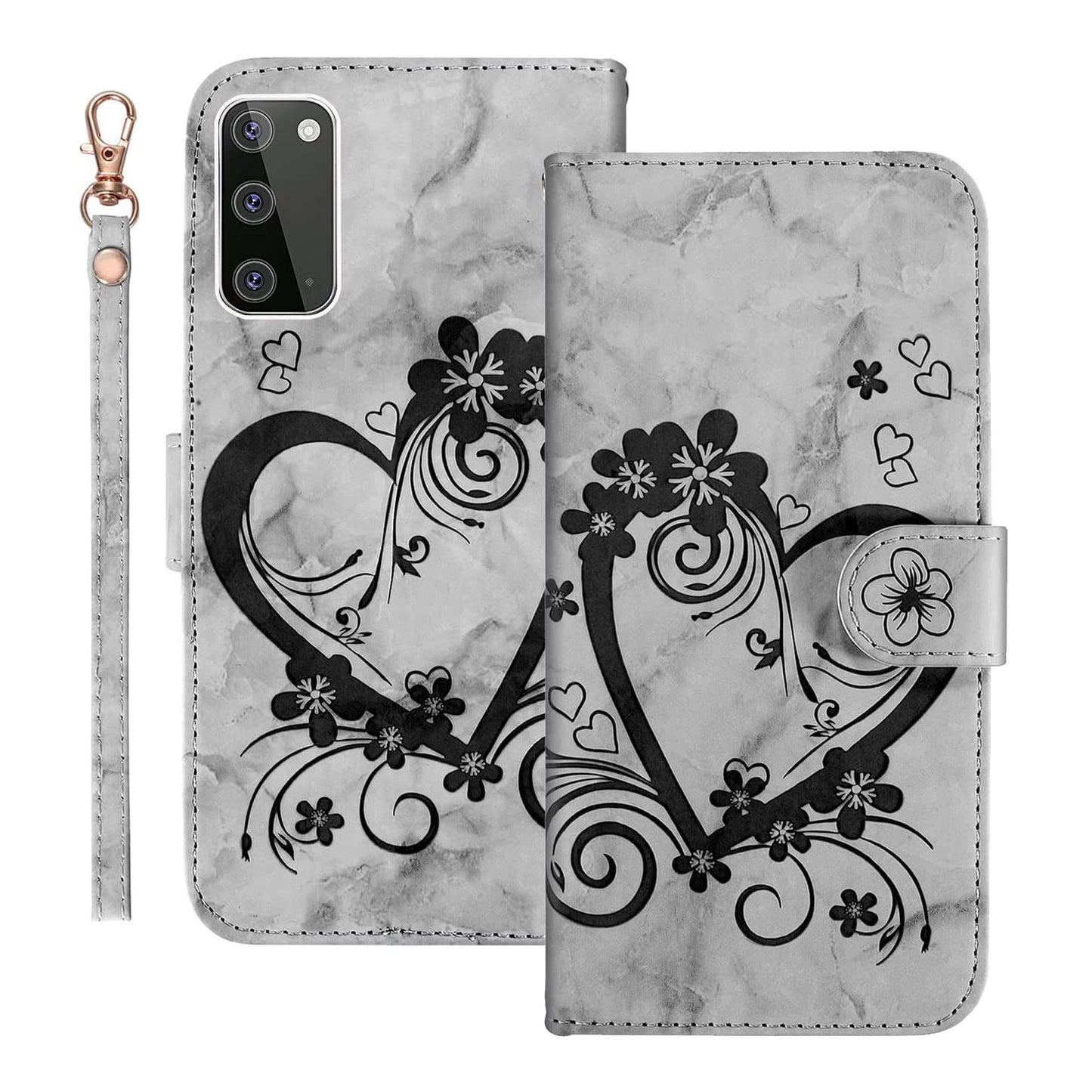 Preklopna torbica za Samsung Galaxy S20 siva | Motiv srca in cvetlični vzorec