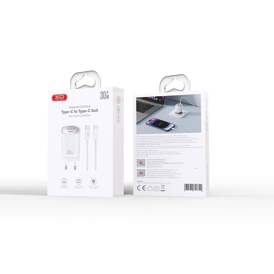 Komplet polnilec "XO CE21" 1x USB-C 1x USB A + kabel USB C v USB C, 30w