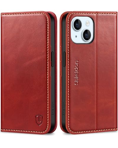SHIELDON Leather Flip Case for iPhone 15 – RFID Wallet + Stand (Retro Red)