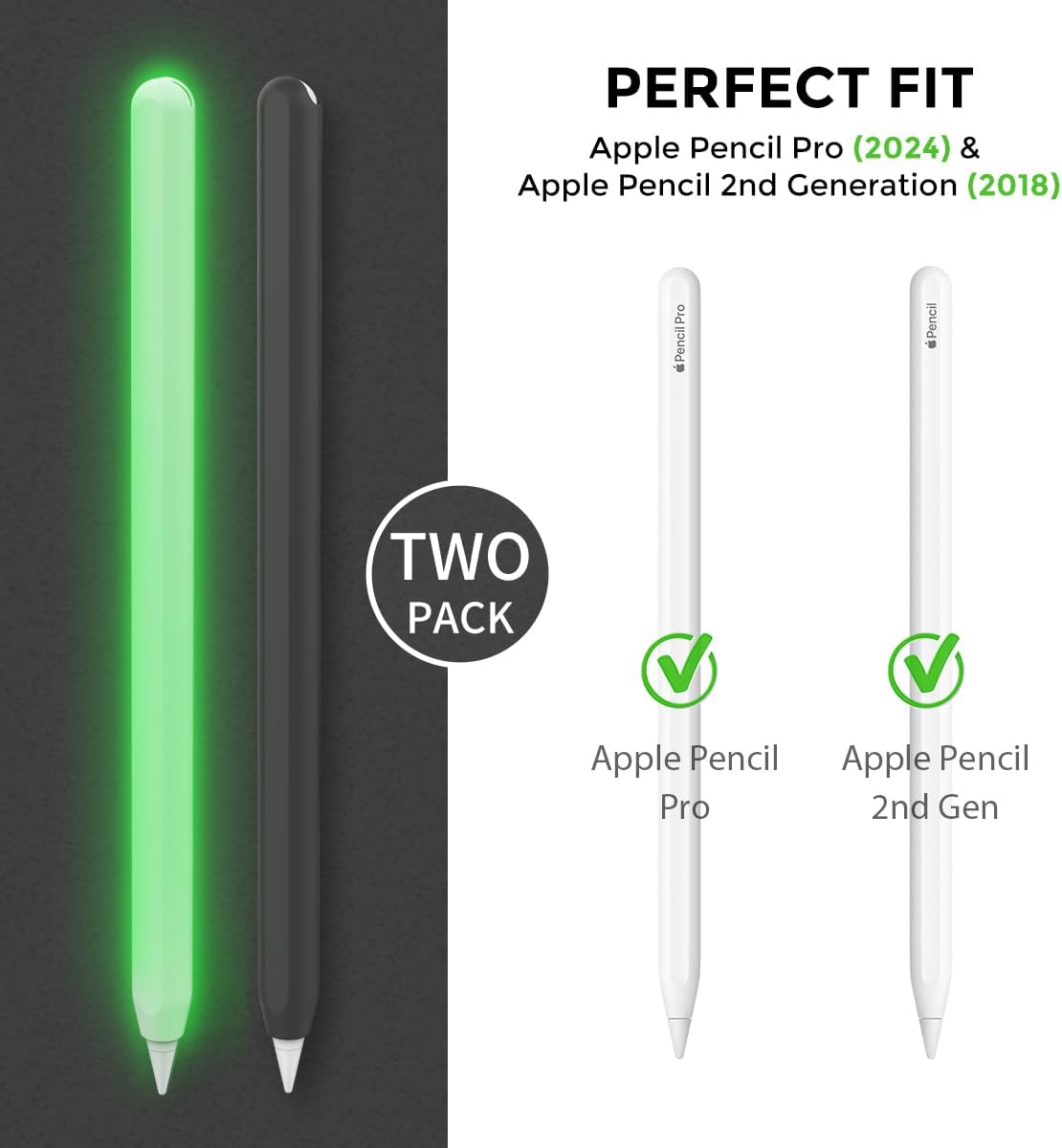 AhaStyle Silicone Case for Apple Pencil 2nd Gen & Apple Pencil Pro (2024) – Black & Luminous Green (2 Pack)