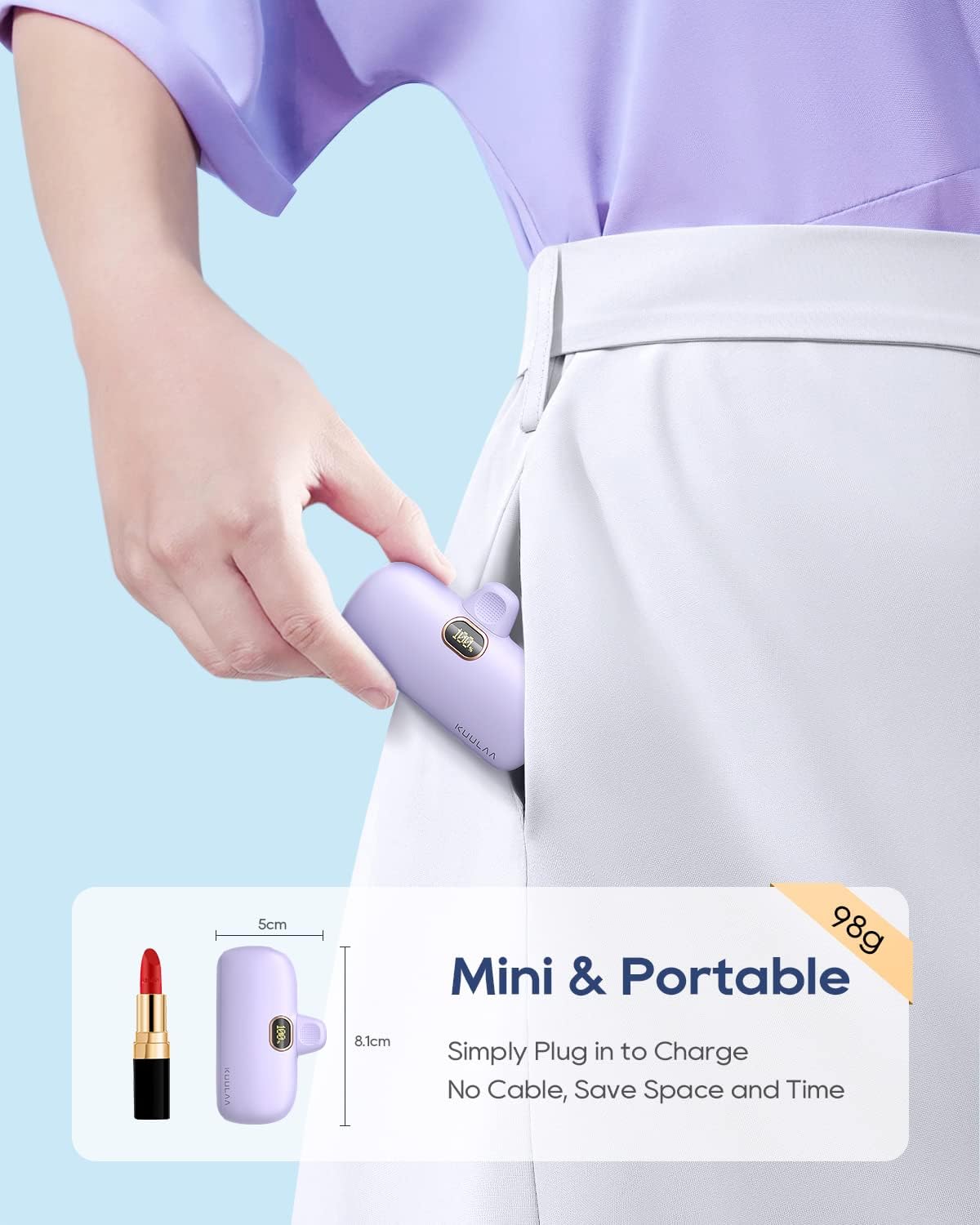 Mini prenosna baterija Kuulaa 5000 mAh 20W PD USB-C LED – vijolična
