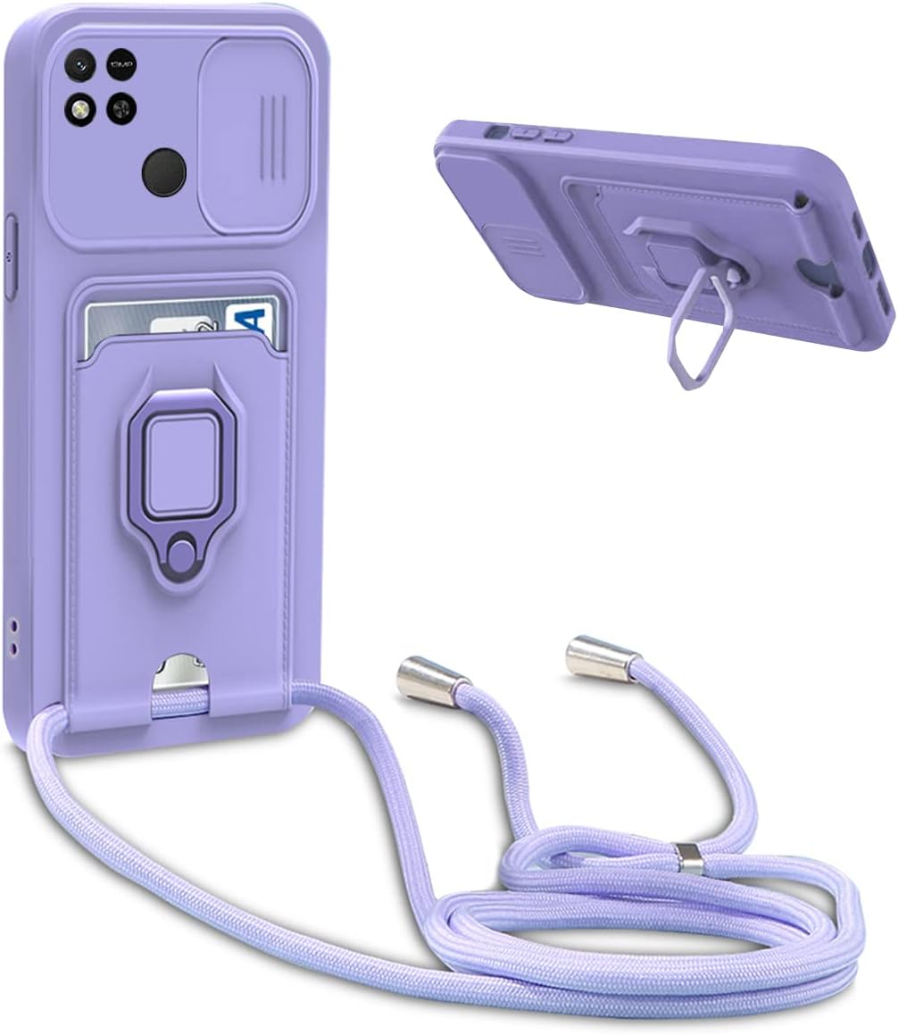 BigCousin silikonski ovitek za Xiaomi Redmi 10A / Redmi 9C – vijoličen, z vrvico, žepom za kartico in 360° stojalom