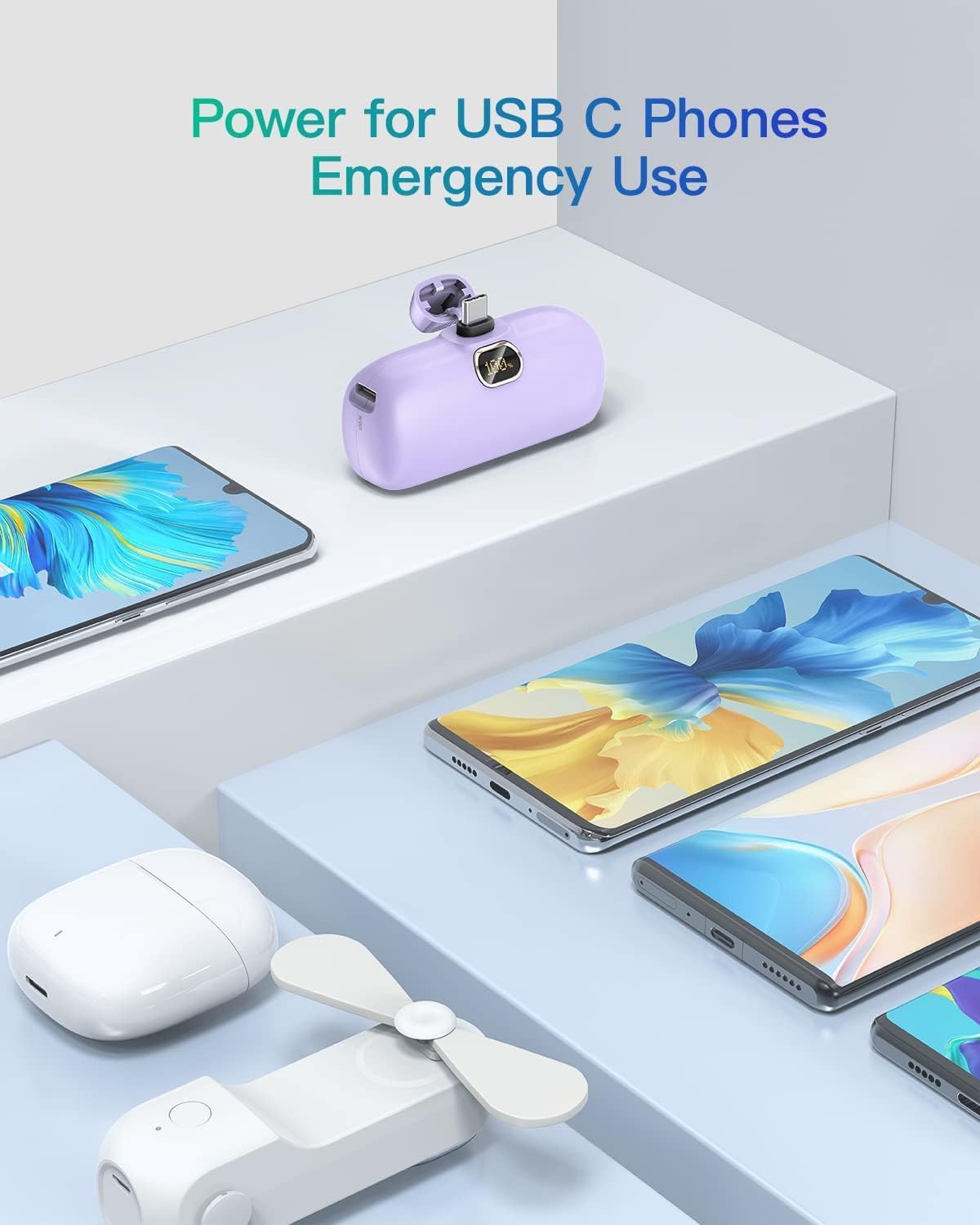 Mini prenosna baterija Kuulaa 5000 mAh 20W PD USB-C LED – vijolična