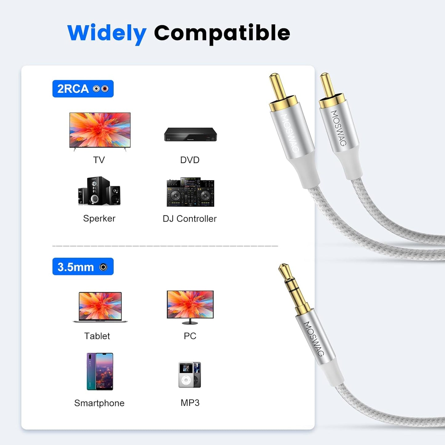 Avdio kabel "Moswag" 3,5mm v 2 RCA, 10m