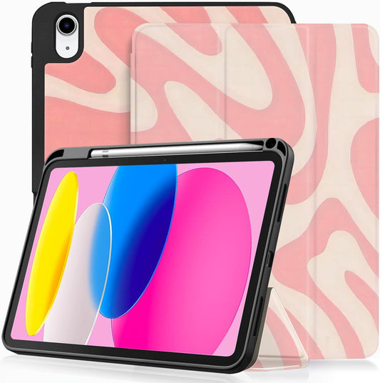 iPad 10 Case (10.9", 10th Generation 2022) - Pink-White Artistic Wavy Pattern