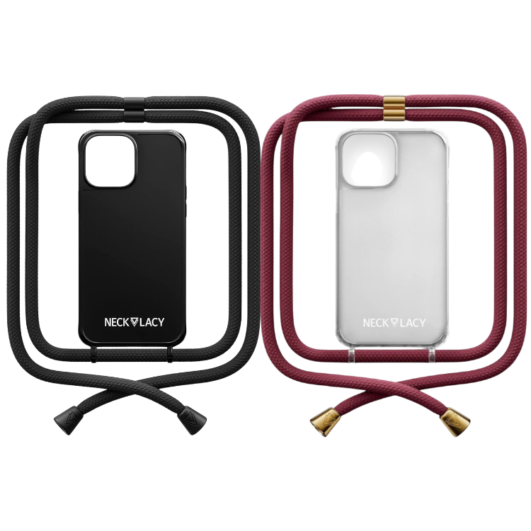 Ovitek z vrvico "NECKLACY premium chain" + zaščita za kamero za iPhone 14 Pro – Temno rdeča / PC + TPU silikon
