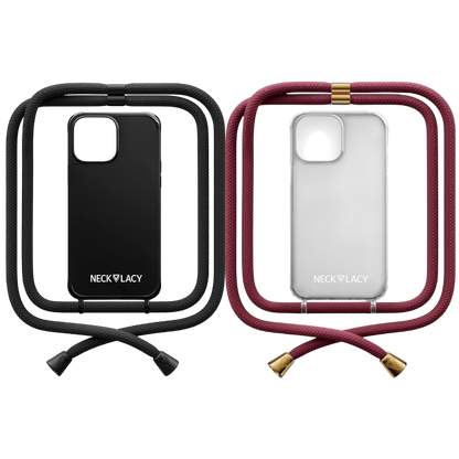 Ovitek z vrvico "NECKLACY premium chain" + zaščita za kamero za iPhone 14 Pro – Temno rdeča / PC + TPU silikon