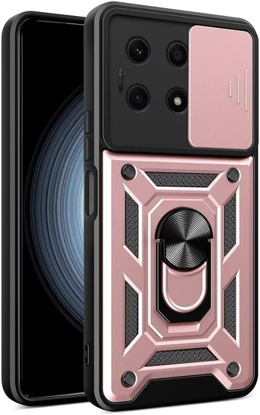 JIAFEI maskica za Xiaomi Poco F6 Pro 5G – zaštitni TPU+PU, klizni poklopac kamere, prsten (ružičasto zlatna)
