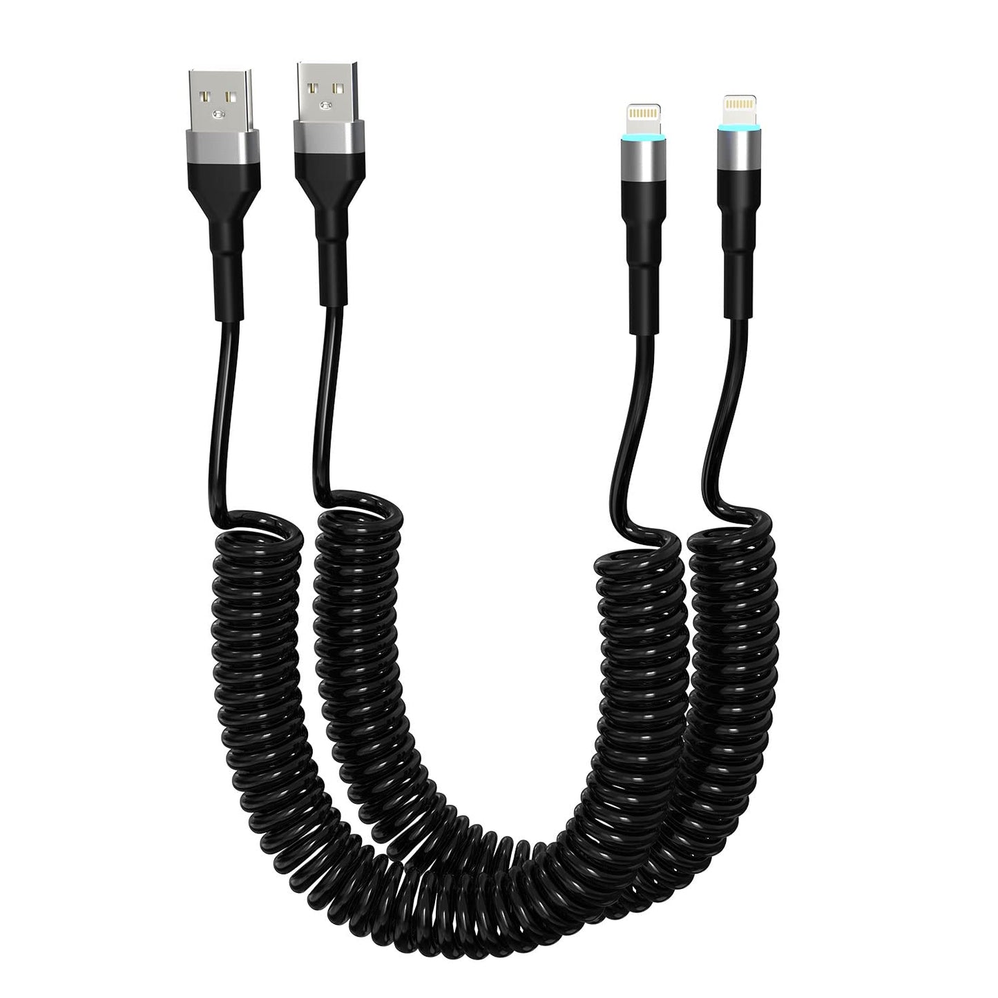 Spiralni Lightning kabel za iPhone (2 kosa) MFi CarPlay USB – LED, raztegljiv