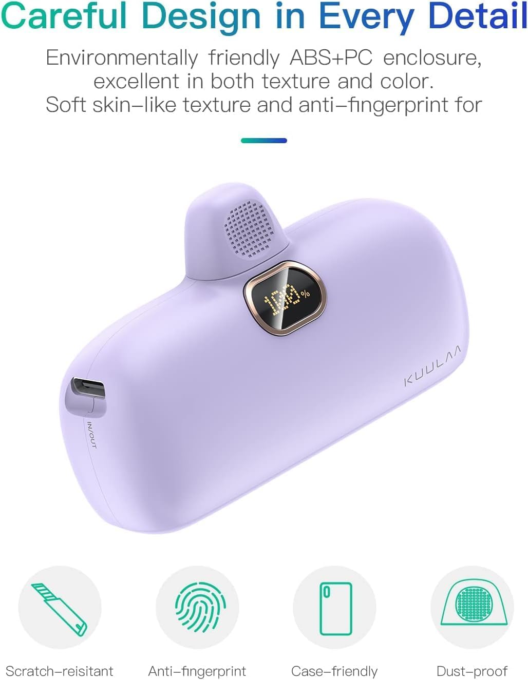 Mini prenosna baterija Kuulaa 5000 mAh 20W PD USB-C LED – vijolična