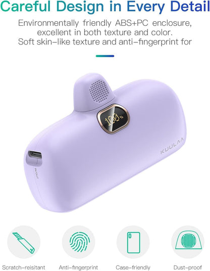 Mini prenosna baterija Kuulaa 5000 mAh 20W PD USB-C LED – vijolična