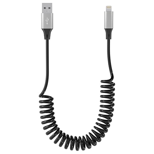Spiral Lightning Cable for iPhone MFi CarPlay USB – Extendable 0.4–1.2 m