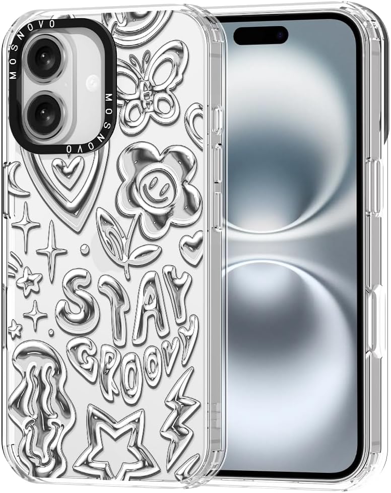 MOSNOVO ovitek za iPhone 16 – Silver Chrome Art