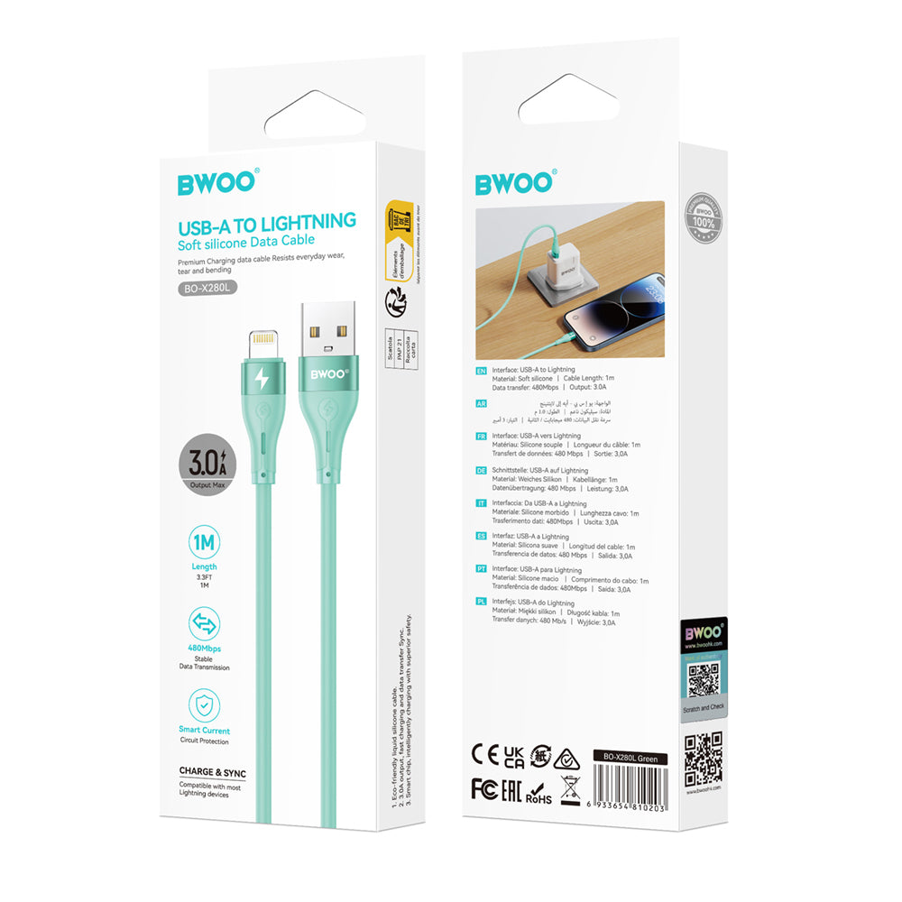 BWOO X280L USB na Lightning kabel 1 m 3A zelen