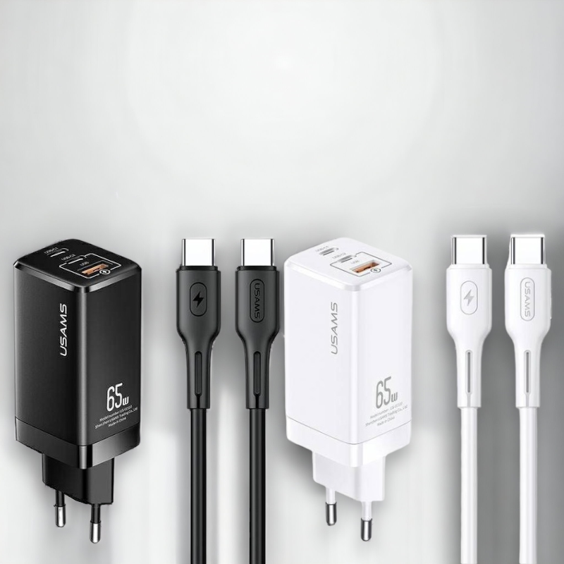 Komplet hišni polnilec in kabel za hitro polnjenje 65W – Usams – Bela