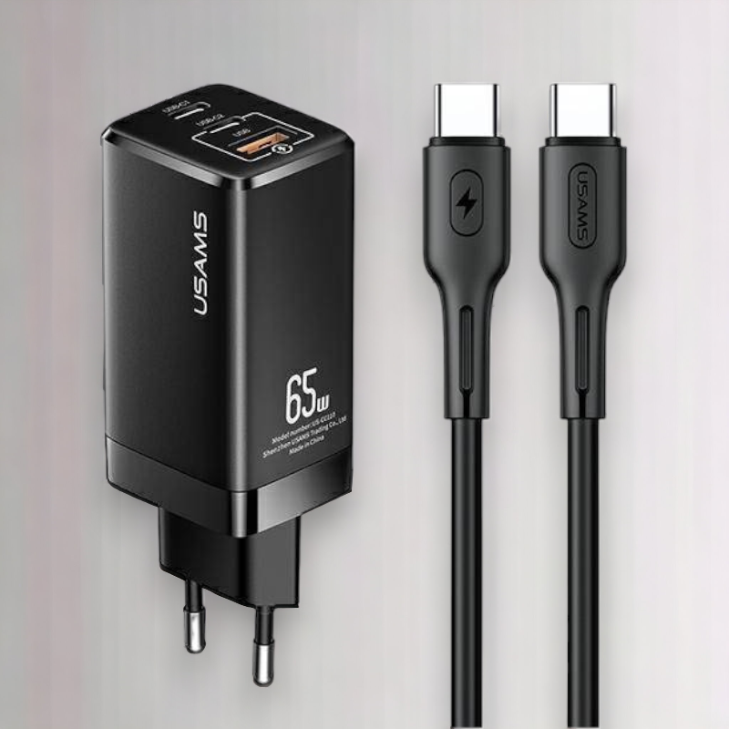 Komplet hišni polnilec in kabel za hitro polnjenje 65W – Usams – Črna