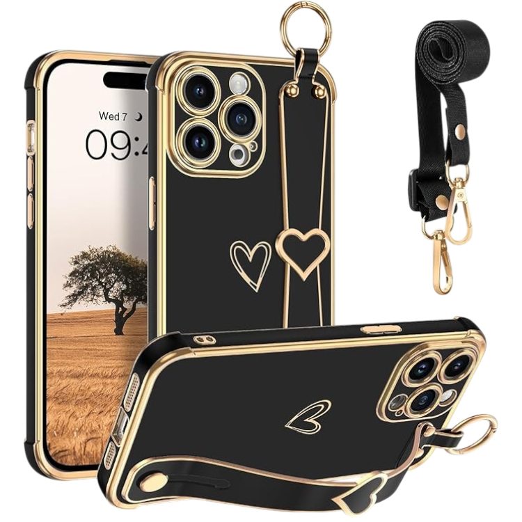 Silikonski ovitek "GUAGUA" z vrvico in držalom za iPhone 15 Pro – Infostyle – Črna / TPU silikon