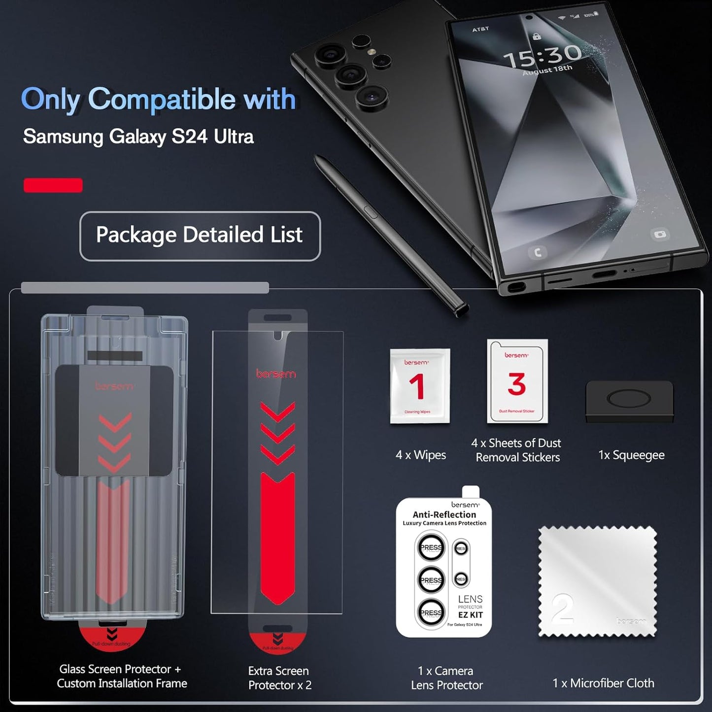 Komplet "bersem" 3x zaščitno steklo + zaščita za kamero za Samsung Galaxy S24 Ultra z namestitvenim pladnjem – Infostyle