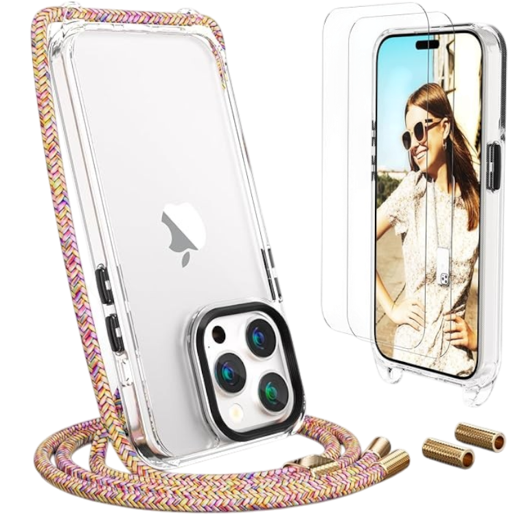 Ovitek z vrvico + 2 zaščitni stekli za iPhone 15 Pro – Uymo – Mavrica