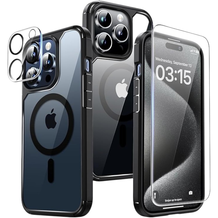 Komplet "Tauri 5in1" ovitek + 2x zaščitno steklo + 2x zaščita za kamero za iPhone 15 Pro – Črna