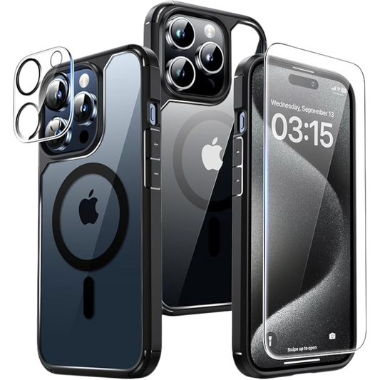Komplet "Tauri 5in1" ovitek + 2x zaščitno steklo + 2x zaščita za kamero za iPhone 15 Pro – Črna