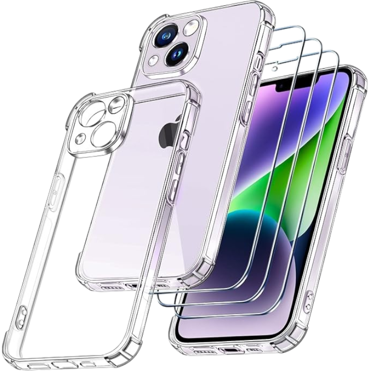 Komplet ovitek + 3x zaščitno steklo "Ivoler" za telefon iPhone 14 – Infostyle – Prozorna