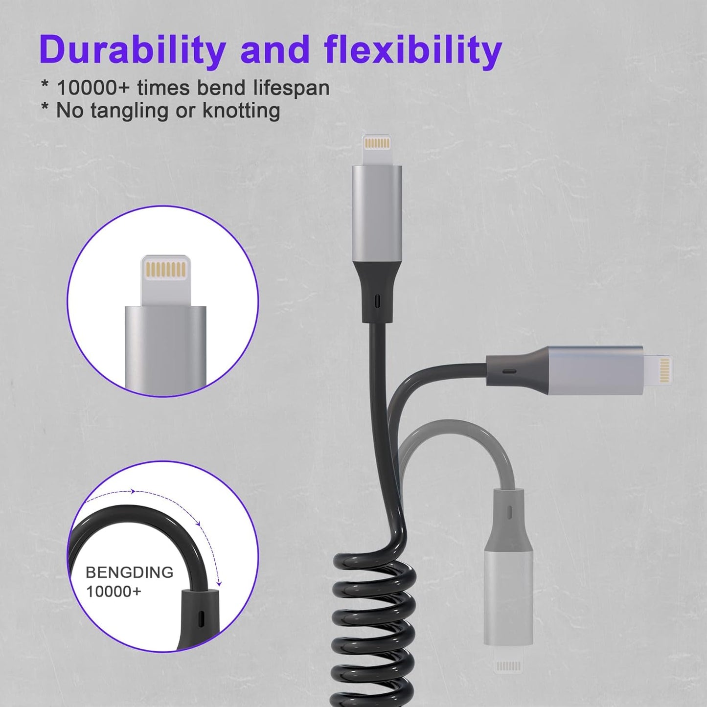 Spiral Lightning Cable for iPhone MFi CarPlay USB – Extendable 0.4–1.2 m