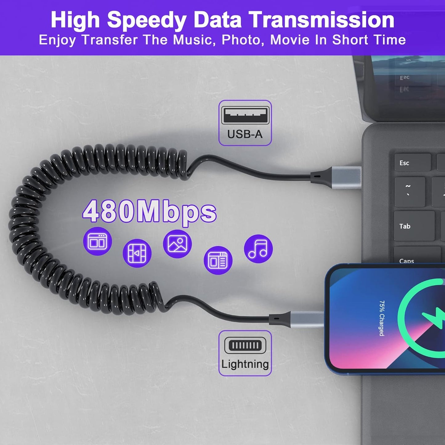 Spiral Lightning Cable for iPhone MFi CarPlay USB – Extendable 0.4–1.2 m