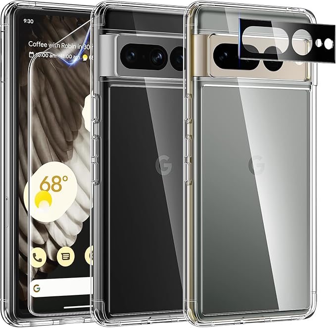TAURI case + 2× screen protector + camera protector – Google Pixel 7 Pro, transparent