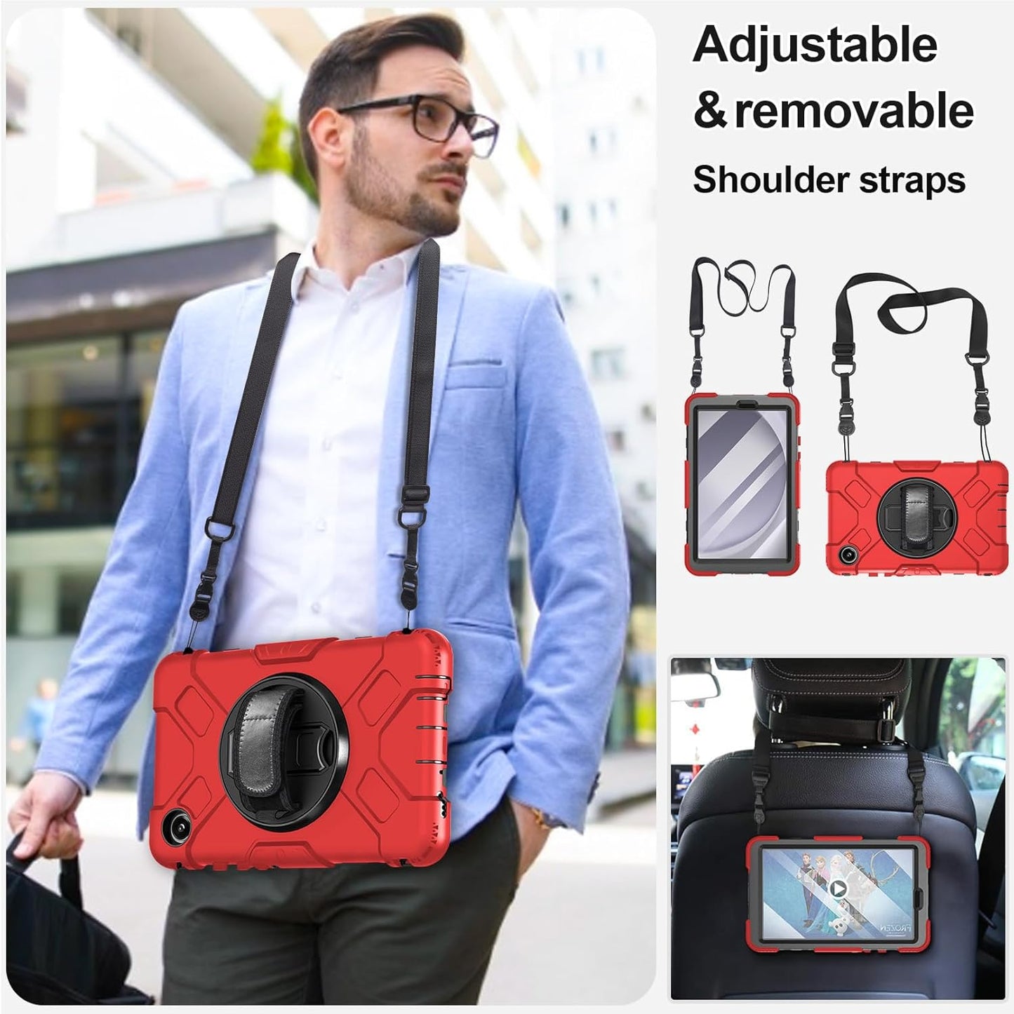 Military 3-Layer Case for Samsung Galaxy Tab A9 8.7” – 360° Stand + Shoulder Strap + S Pen Holder (Red)