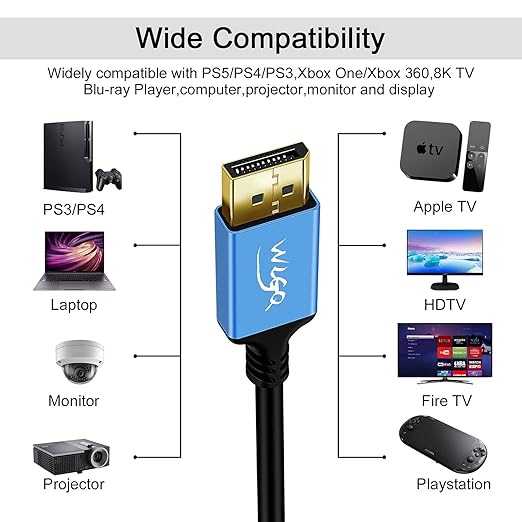 WLGQ Mini DisplayPort na DisplayPort 1 m – Mini DP 8K@60Hz, 4K@120Hz, 2K@144Hz, kompatibilan s Thunderboltom