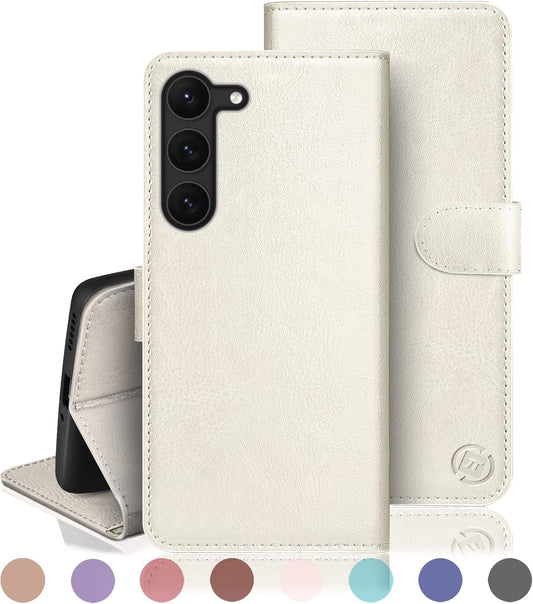 Usnjena preklopna torbica "RingPi" za Samsung Galaxy S22 Ultra – bež