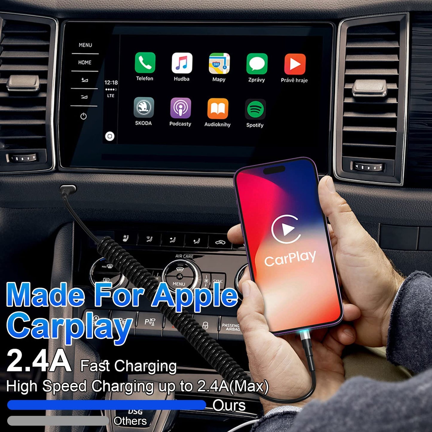 Spiralni Lightning kabel za iPhone (2 kosa) MFi CarPlay USB – LED, raztegljiv