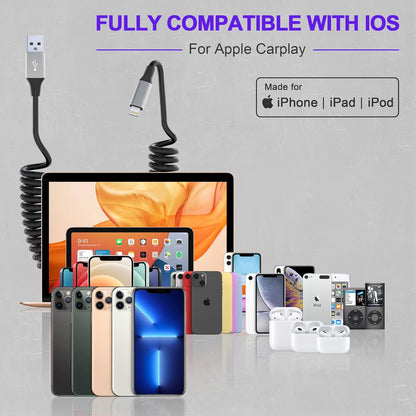Spiral Lightning Cable for iPhone MFi CarPlay USB – Extendable 0.4–1.2 m
