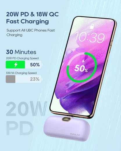 Mini prenosna baterija Kuulaa 5000 mAh 20W PD USB-C LED – vijolična