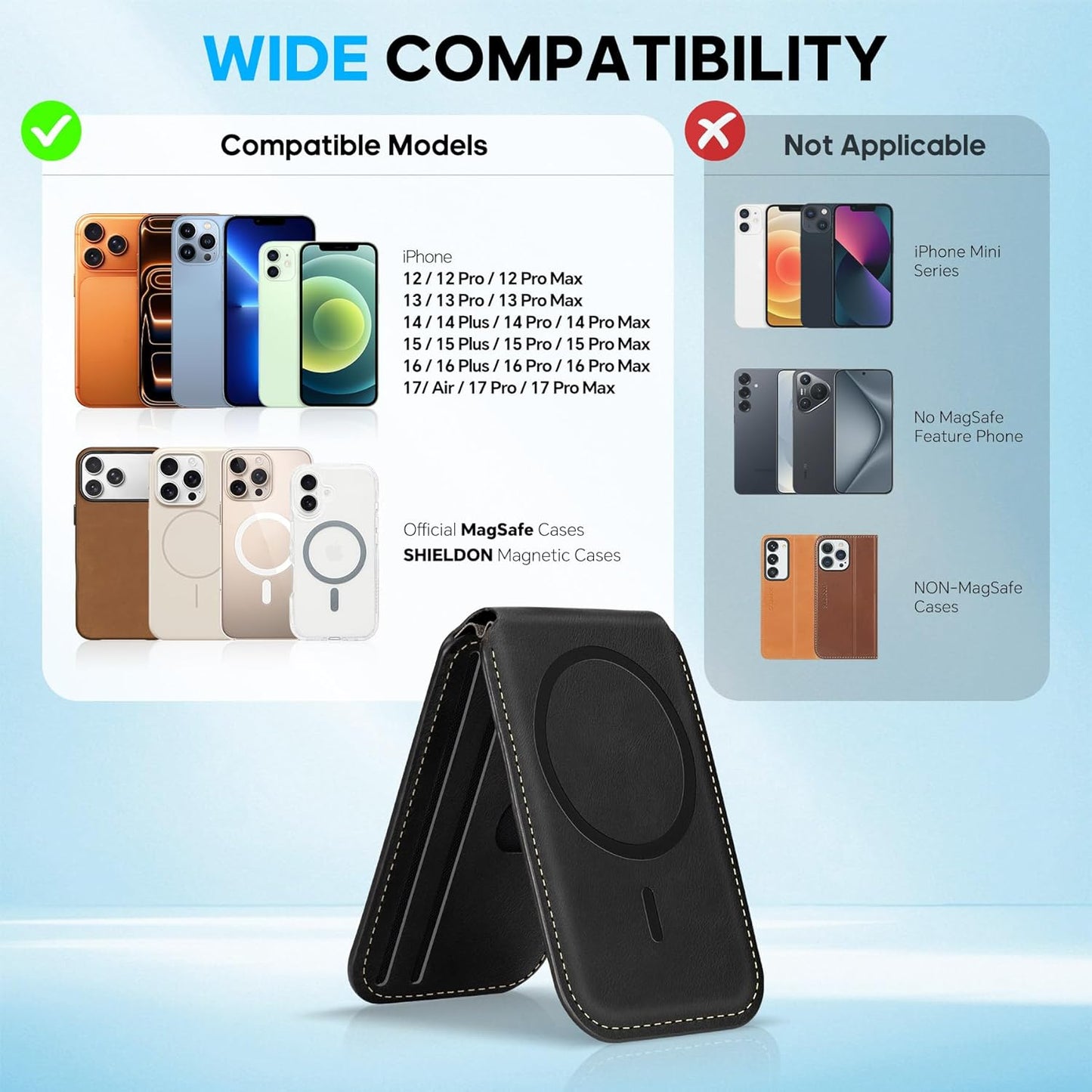 SHIELDON magnetna usnjena denarnica za iPhone 12–17 serijo – MagSafe, RFID, stojalo, retro črna