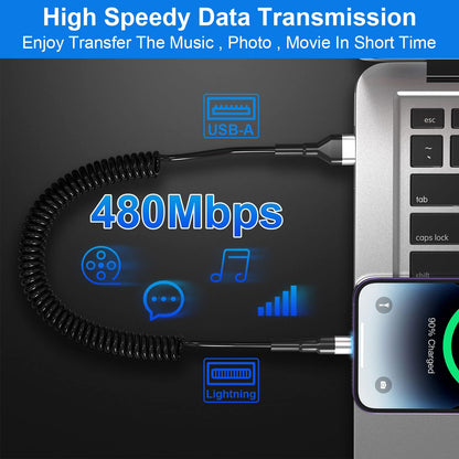 Spiralni Lightning kabel za iPhone (2 kosa) MFi CarPlay USB – LED, raztegljiv