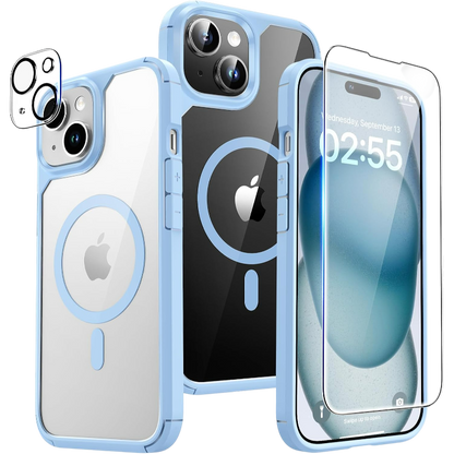 Ovitek za telefon + 2x zaščitno steklo + 2x zaščita za kamero "MagSafe" iPhone 15 – Tauri – Modra