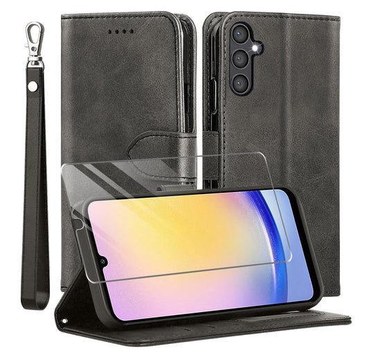 usnjena preklopna torbica classic black z zascitnim steklom za samsung galaxy a25 5g