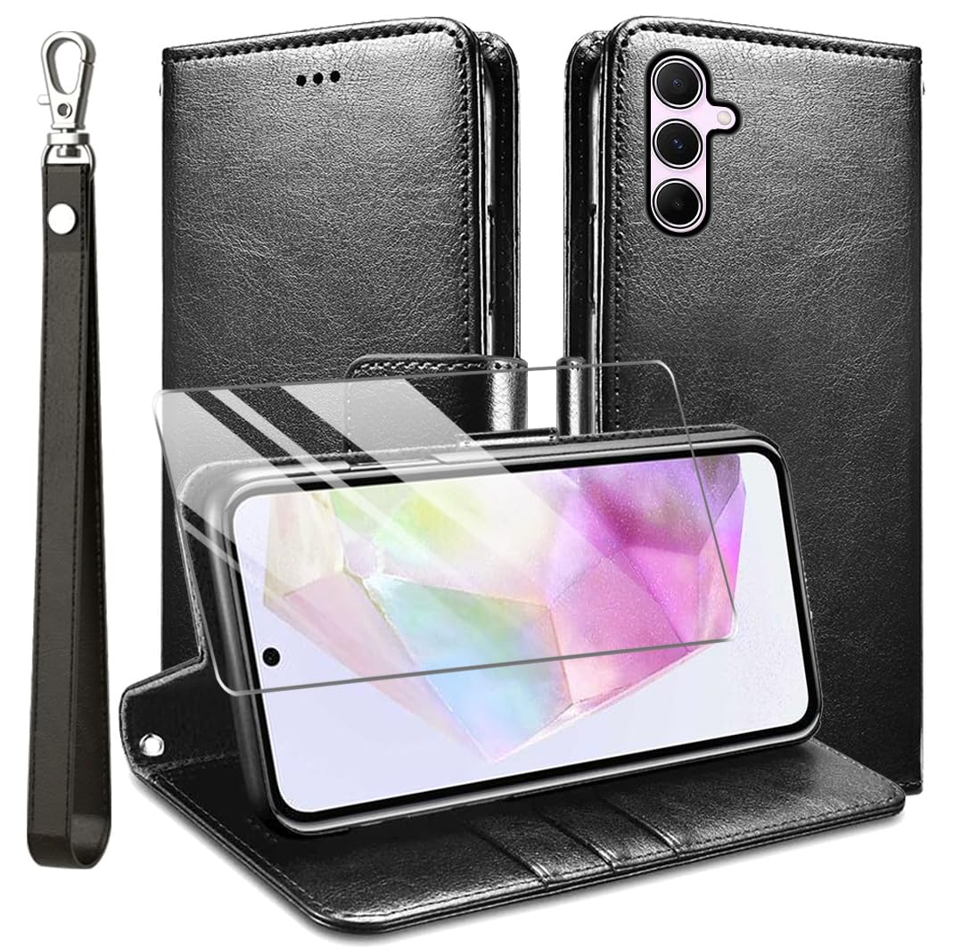 Usnjena preklopna torbica Premium Black + zašèitno steklo za Samsung Galaxy A35 5G