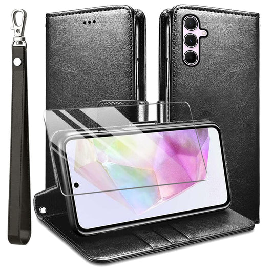 Usnjena preklopna torbica Premium Black + zašèitno steklo za Samsung Galaxy A35 5G