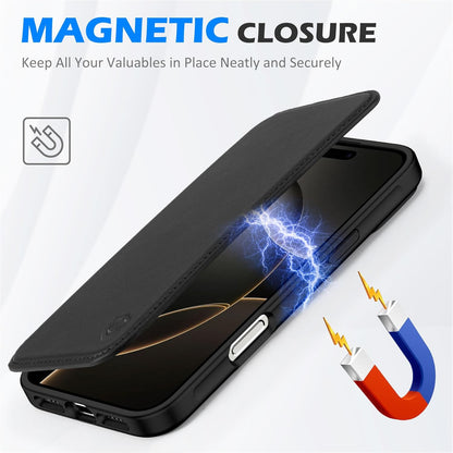SHIELDON preklopna torbica iz pravega usnja za iPhone 16 Pro Max - RFID Zaščita, Držalo za Kartice, Črna