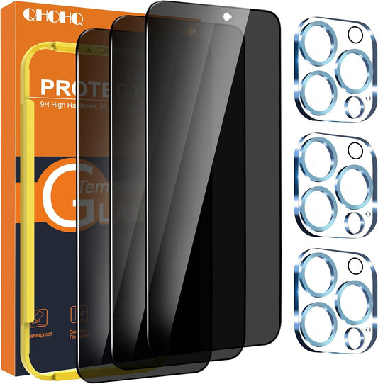 QHOHQ zaštitno staklo Privacy za iPhone 15 Pro – 3× staklo za zaslon + 3× zaštita kamere, svijetlo plava