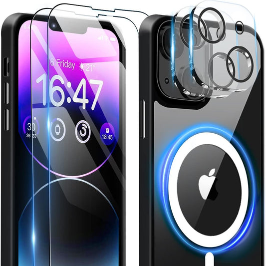 Magnetni ovitek BOTOER za iPhone 14 + 2 zaščitni stekli + 2 zaščiti za kamero – črna