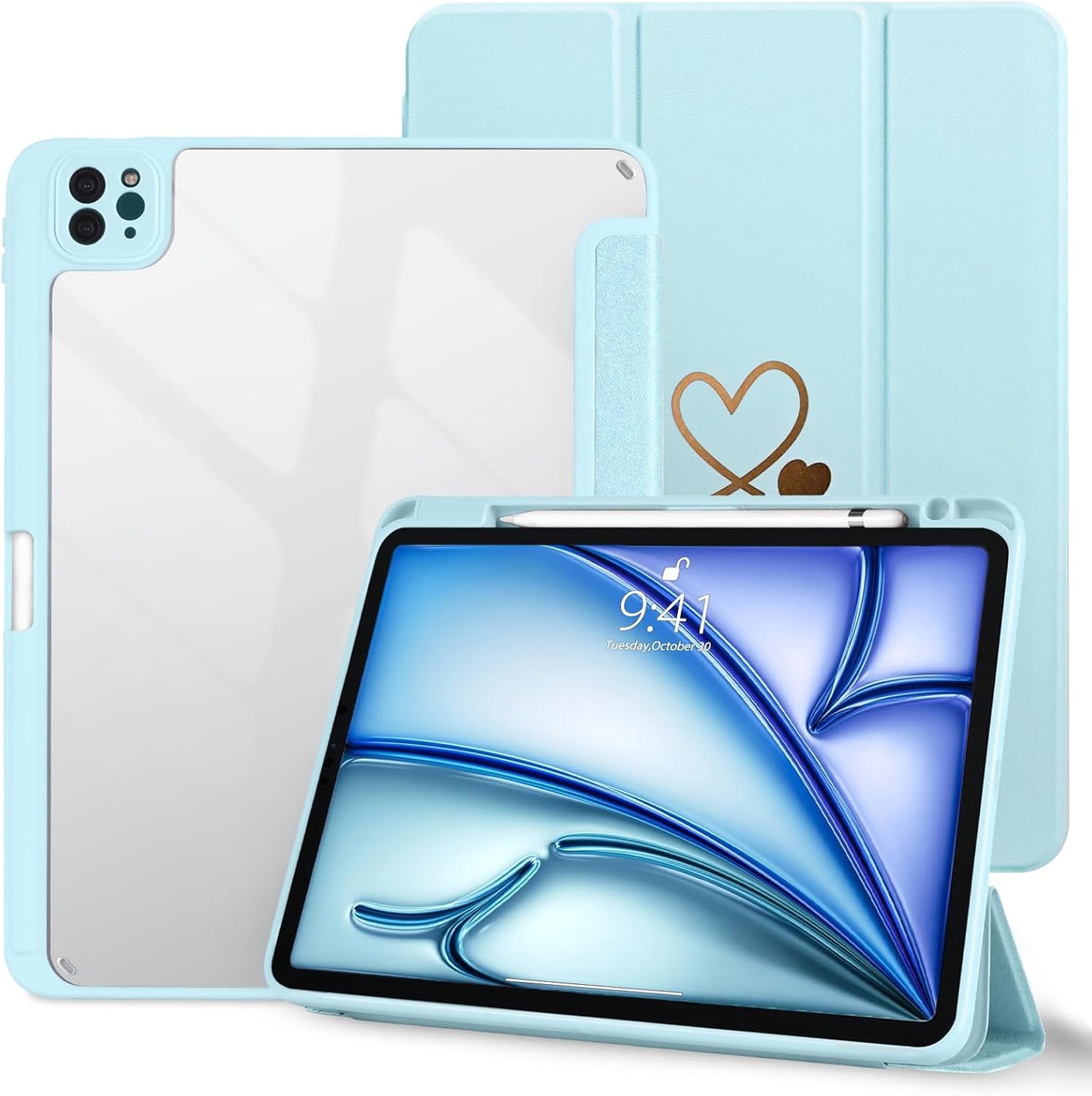 Ovitek za iPad Air 11 M2 2024 / iPad Pro 11 – Prozoren Zadnji Pokrov z Držalom za Pisalo, Svetlo Moder