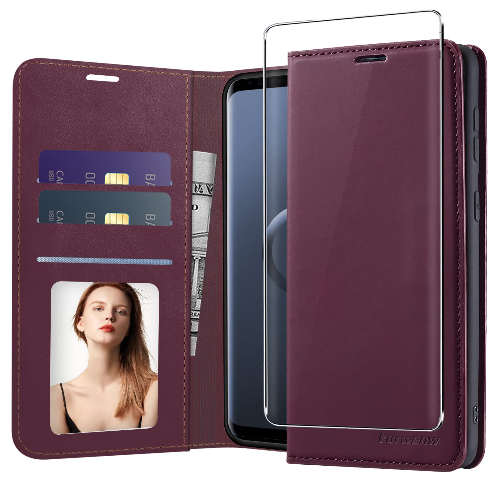 neivi preklopna torbica z zascitnim steklom za samsung galaxy s9 vinsko rdeca