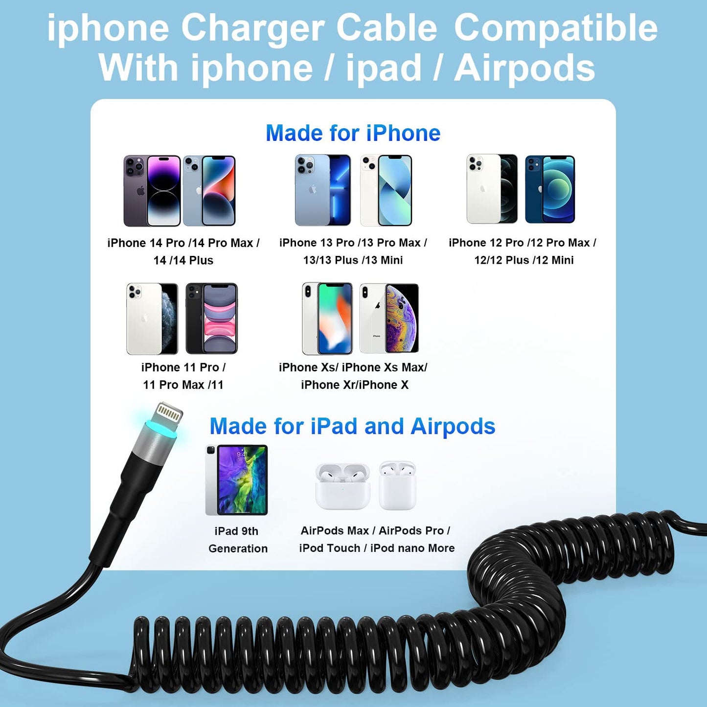 Spiralni Lightning kabel za iPhone (2 kosa) MFi CarPlay USB – LED, raztegljiv
