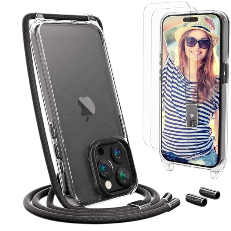 Ovitek z vrvico + 2 zaščitni stekli za iPhone 15 Pro – Uymo – Črna