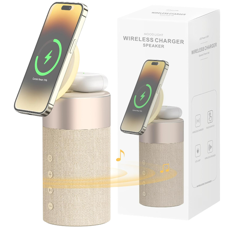 Bluetooth zvočniki ''COLSUR'' z nočno lučko, 2 v 1 brezžična polnilna postaja – Bež