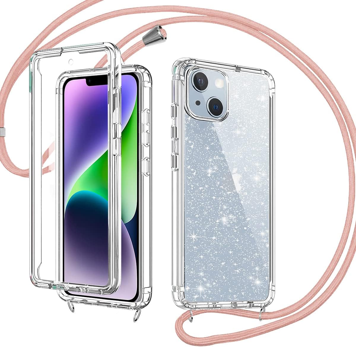 Silicone transparent glitter case with pink lanyard for iPhone 14 Plus